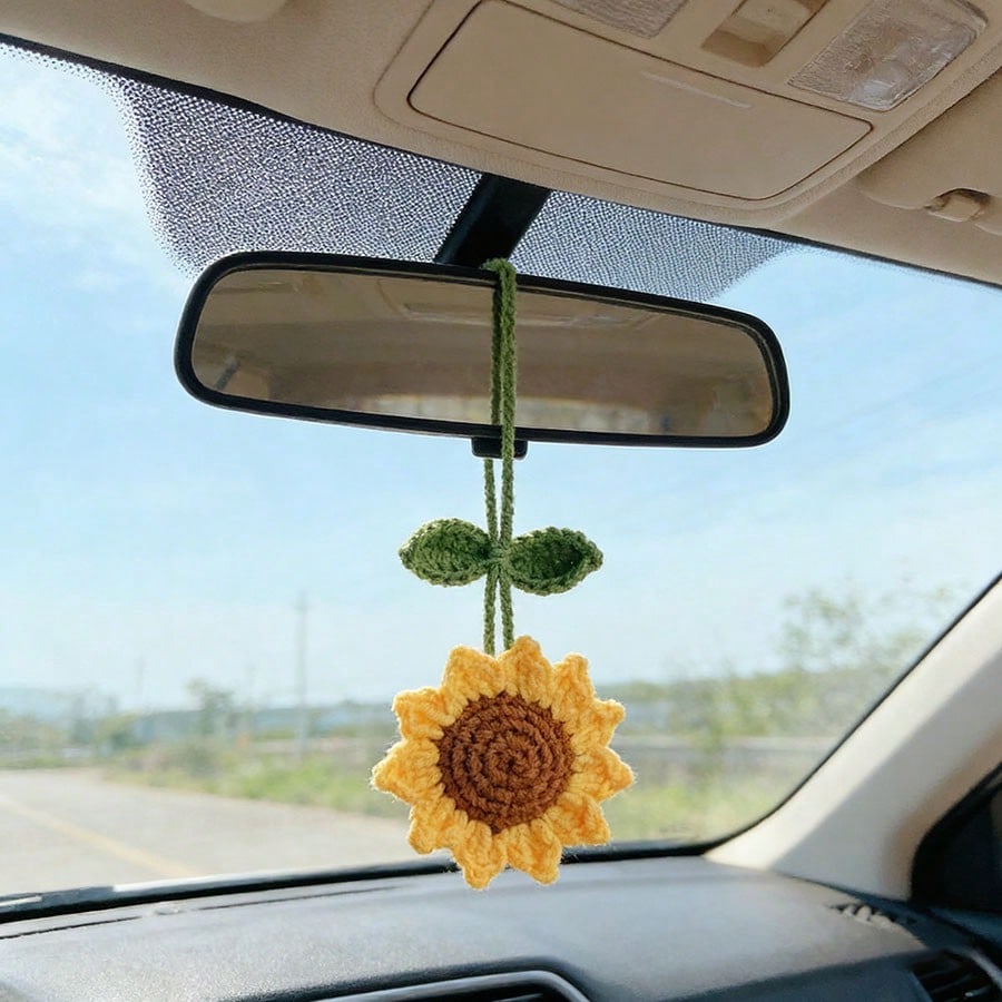 1pc Crochet Sunflower Rearview Mirror Decor, Backpack Charm, Birthday Gift, Key Chain Pendant