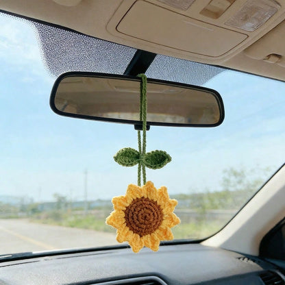 1pc Crochet Sunflower Rearview Mirror Decor, Backpack Charm, Birthday Gift, Key Chain Pendant