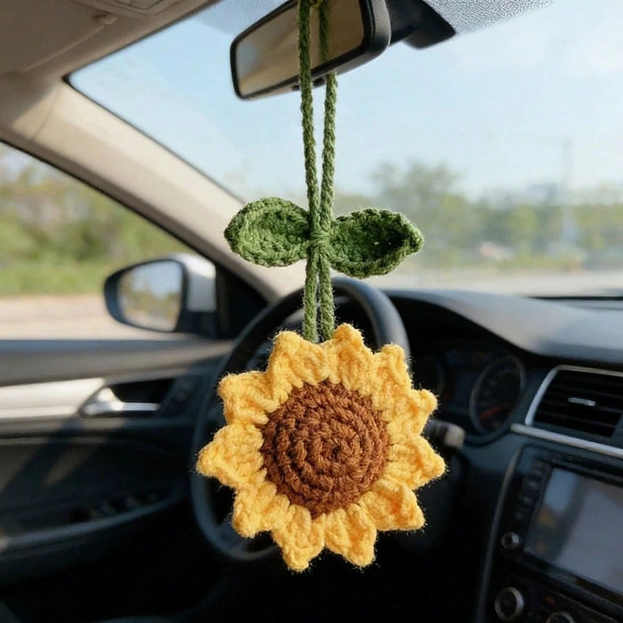 1pc Crochet Sunflower Rearview Mirror Decor, Backpack Charm, Birthday Gift, Key Chain Pendant