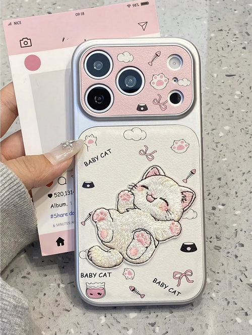 1pc Cute Cartoon Cat Embroidery Phone Case, Suitable For IPhone 15, 17 Pro Max, 14, 16 Pro, 16 Max, Unique And Stylish, Ideal For Women, Birthday, Mother's Day Gift