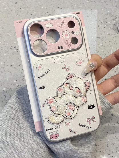 1pc Cute Cartoon Cat Embroidery Phone Case, Suitable For IPhone 15, 17 Pro Max, 14, 16 Pro, 16 Max, Unique And Stylish, Ideal For Women, Birthday, Mother's Day Gift