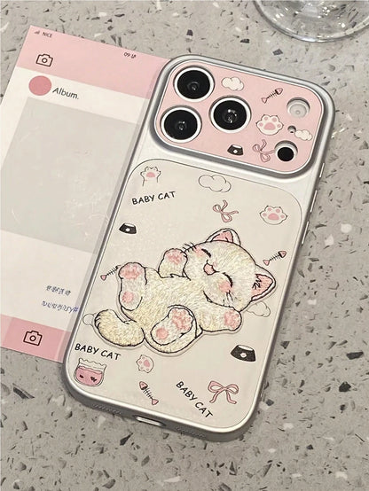 1pc Cute Cartoon Cat Embroidery Phone Case, Suitable For IPhone 15, 17 Pro Max, 14, 16 Pro, 16 Max, Unique And Stylish, Ideal For Women, Birthday, Mother's Day Gift