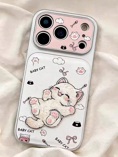 1pc Cute Cartoon Cat Embroidery Phone Case, Suitable For IPhone 15, 17 Pro Max, 14, 16 Pro, 16 Max, Unique And Stylish, Ideal For Women, Birthday, Mother's Day Gift