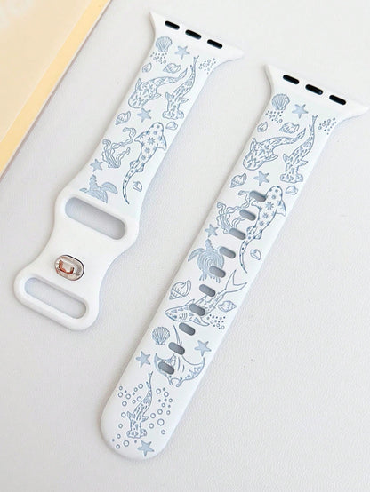 1pc Cute Ocean Theme Shark Dual-Color Engraved Silicone Watch Band, Compatible With Apple Watch 38/40/41/42/44/45/49/(S10 42)/(S10 46)Mm, Fashionable Soft Silicone Sports Watch Strap, Suitable For App