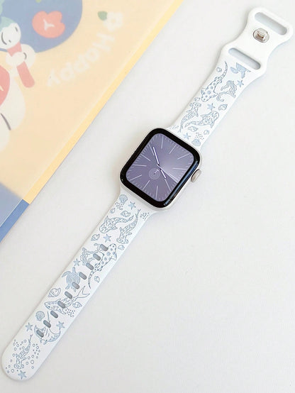 1pc Cute Ocean Theme Shark Dual-Color Engraved Silicone Watch Band, Compatible With Apple Watch 38/40/41/42/44/45/49/(S10 42)/(S10 46)Mm, Fashionable Soft Silicone Sports Watch Strap, Suitable For App