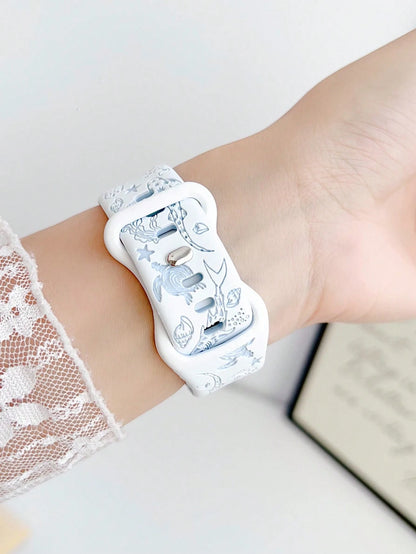 1pc Cute Ocean Theme Shark Dual-Color Engraved Silicone Watch Band, Compatible With Apple Watch 38/40/41/42/44/45/49/(S10 42)/(S10 46)Mm, Fashionable Soft Silicone Sports Watch Strap, Suitable For App