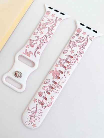 1pc Cute Ocean Theme Shark Dual-Color Engraved Silicone Watch Band, Compatible With Apple Watch 38/40/41/42/44/45/49/(S10 42)/(S10 46)Mm, Fashionable Soft Silicone Sports Watch Strap, Suitable For App