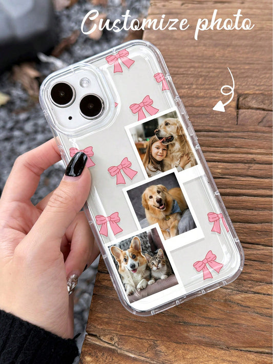 1pc Cute Pink Bow Customized Shock-Proof Thick Pet Friend Photo Cartoon Bow Personalized Phone Case, Phone Protective Cover Compatible With 11, 13, 15, 16 Pro Max, 2025phonecase, Girly Girl Stuff Spri