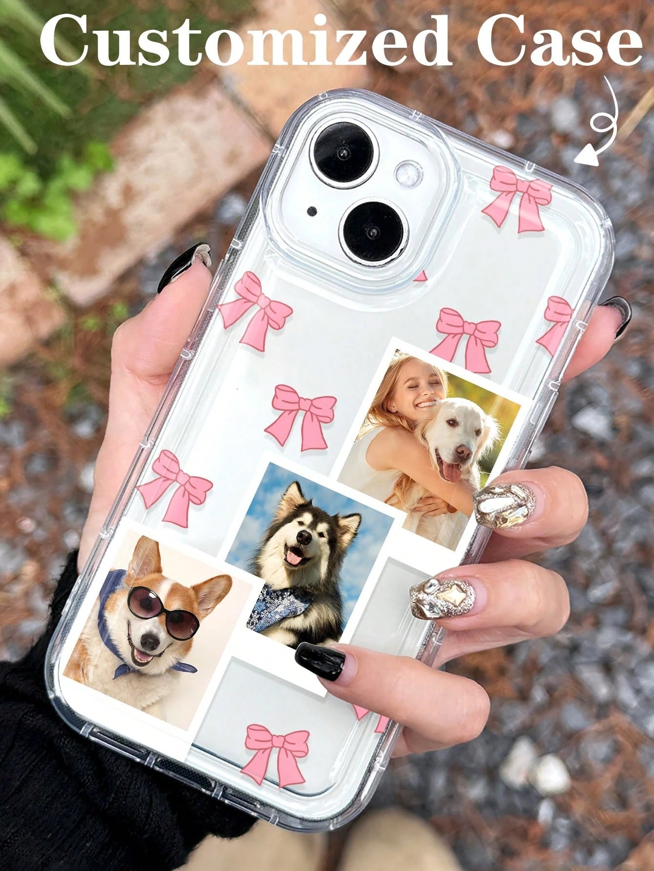 1pc Cute Pink Bow Customized Shock-Proof Thick Pet Friend Photo Cartoon Bow Personalized Phone Case, Phone Protective Cover Compatible With 11, 13, 15, 16 Pro Max, 2025phonecase, Girly Girl Stuff Spri