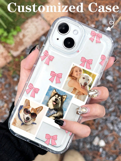 1pc Cute Pink Bow Customized Shock-Proof Thick Pet Friend Photo Cartoon Bow Personalized Phone Case, Phone Protective Cover Compatible With 11, 13, 15, 16 Pro Max, 2025phonecase, Girly Girl Stuff Spri