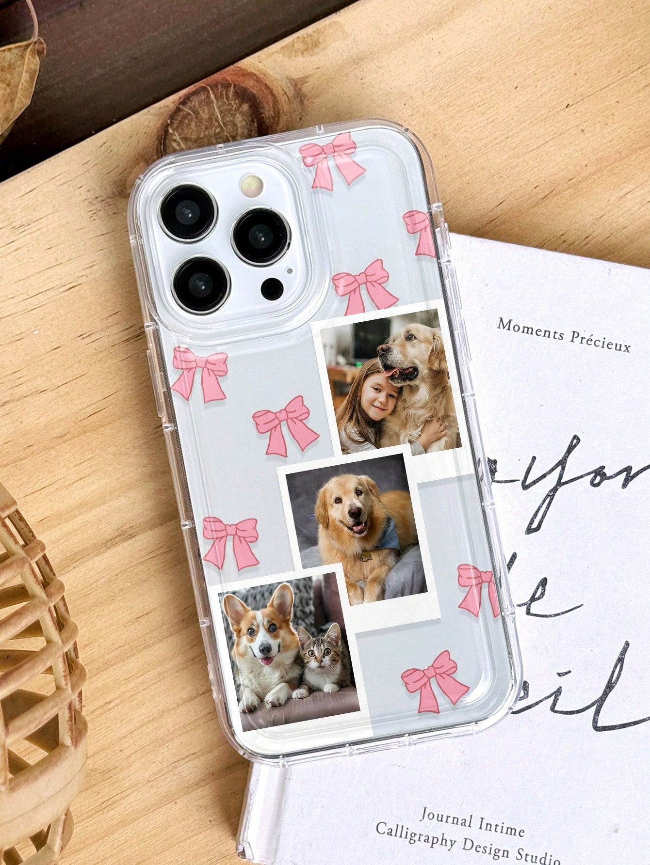 1pc Cute Pink Bow Customized Shock-Proof Thick Pet Friend Photo Cartoon Bow Personalized Phone Case, Phone Protective Cover Compatible With 11, 13, 15, 16 Pro Max, 2025phonecase, Girly Girl Stuff Spri