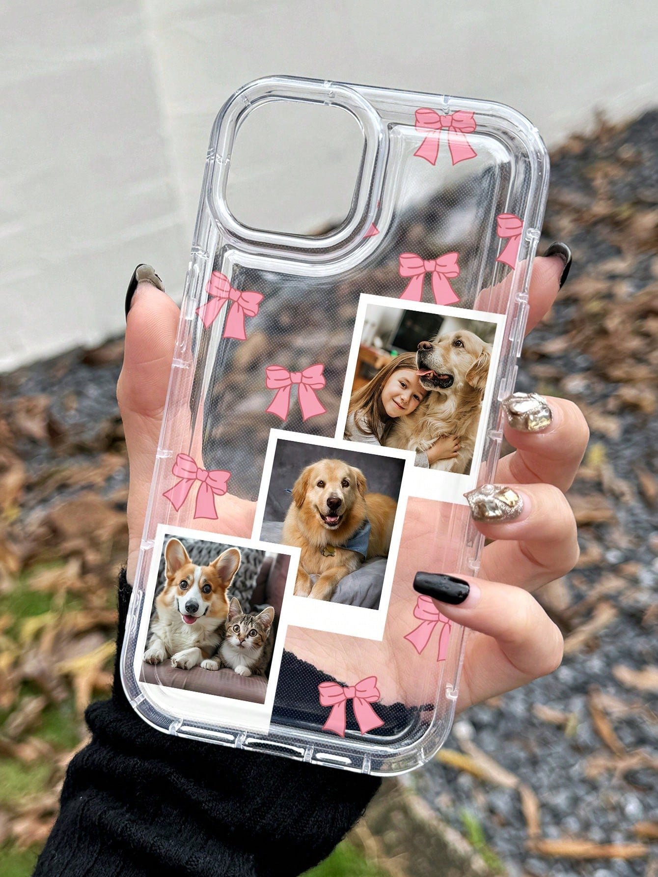 1pc Cute Pink Bow Customized Shock-Proof Thick Pet Friend Photo Cartoon Bow Personalized Phone Case, Phone Protective Cover Compatible With 11, 13, 15, 16 Pro Max, 2025phonecase, Girly Girl Stuff Spri