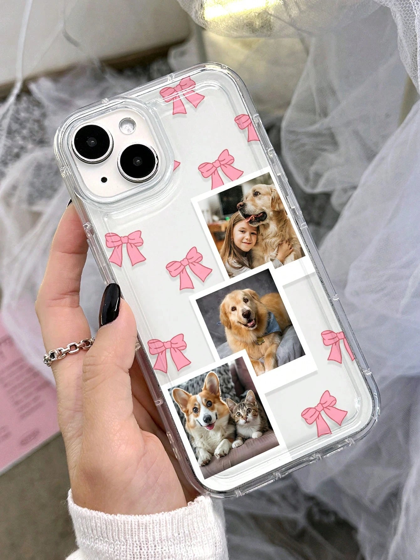 1pc Cute Pink Bow Customized Shock-Proof Thick Pet Friend Photo Cartoon Bow Personalized Phone Case, Phone Protective Cover Compatible With 11, 13, 15, 16 Pro Max, 2025phonecase, Girly Girl Stuff Spri