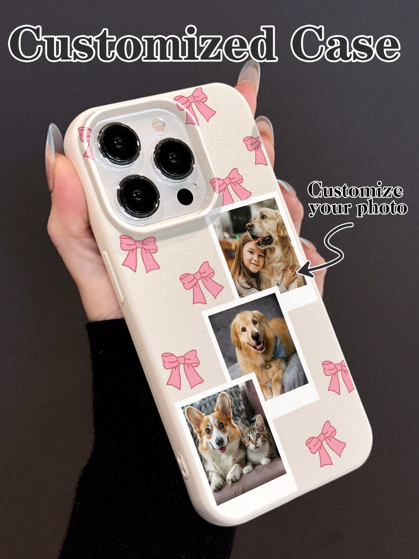 1pc Cute Pink Bow Customized Shock-Proof Thick Pet Friend Photo Cartoon Bow Personalized Phone Case, Phone Protective Cover Compatible With 11, 13, 15, 16 Pro Max, 2025phonecase, Girly Girl Stuff Spri