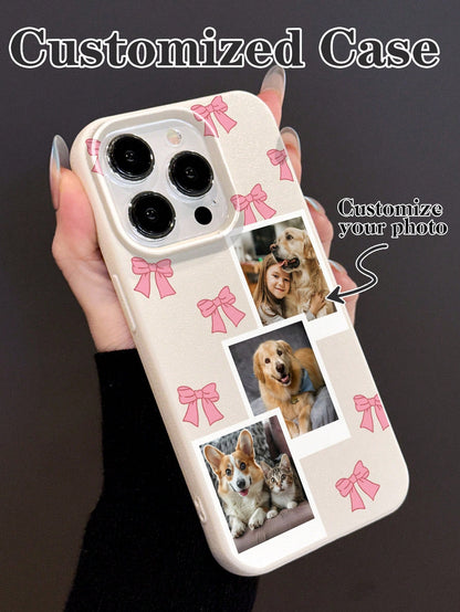 1pc Cute Pink Bow Customized Shock-Proof Thick Pet Friend Photo Cartoon Bow Personalized Phone Case, Phone Protective Cover Compatible With 11, 13, 15, 16 Pro Max, 2025phonecase, Girly Girl Stuff Spri