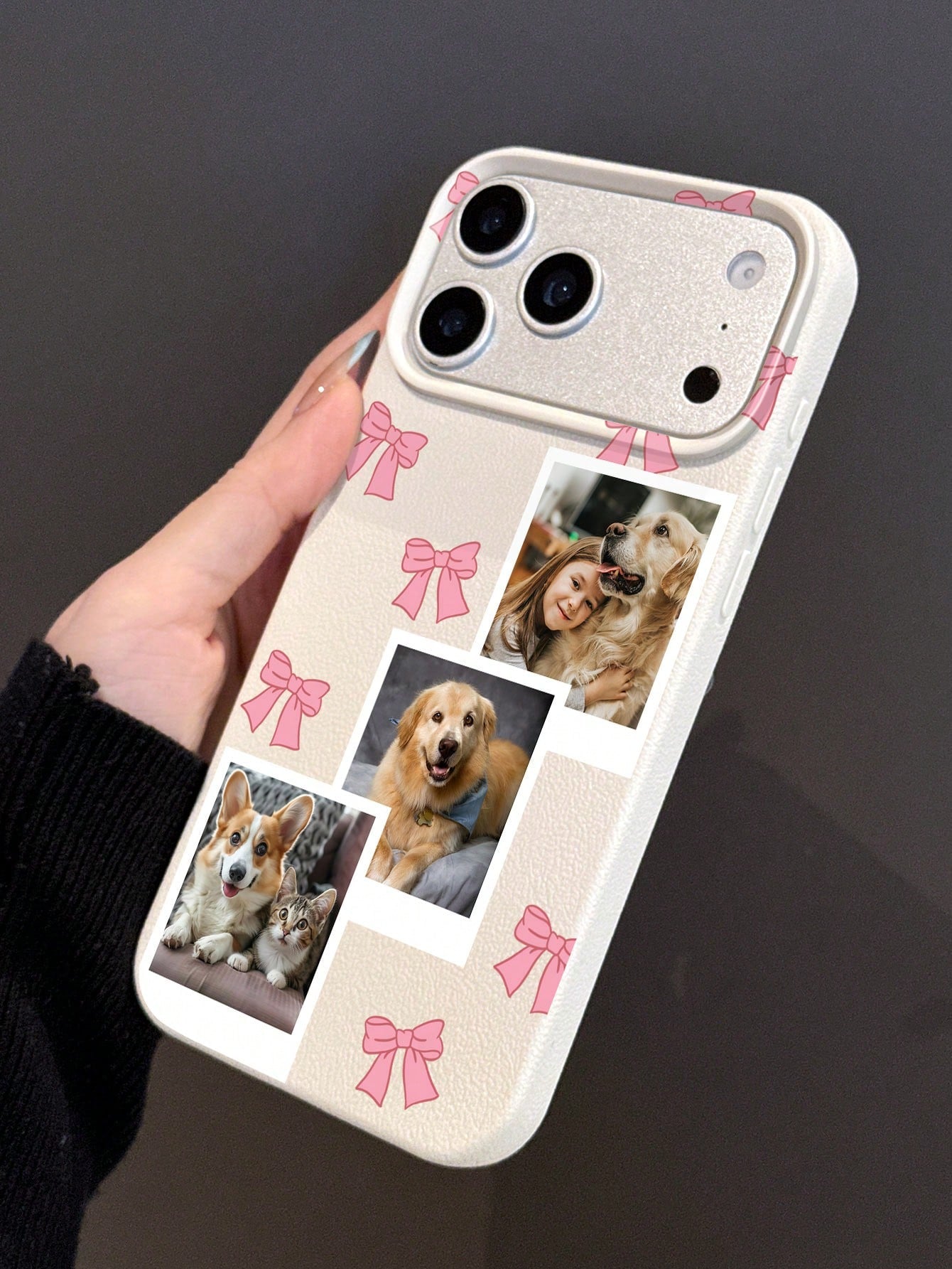 1pc Cute Pink Bow Customized Shock-Proof Thick Pet Friend Photo Cartoon Bow Personalized Phone Case, Phone Protective Cover Compatible With 11, 13, 15, 16 Pro Max, 2025phonecase, Girly Girl Stuff Spri