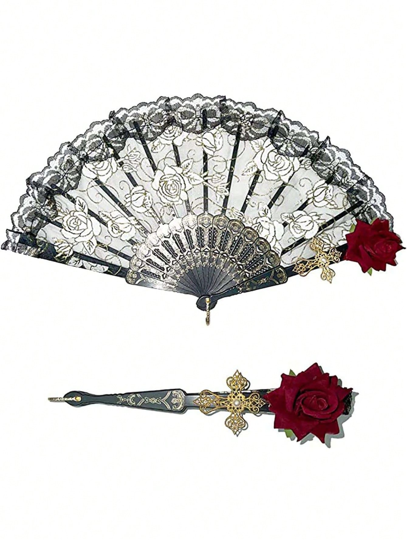 1pc Elegant Vintage Spanish Lace Fan Luxurious European Rose Folding Fan For Cosplay Performance Decoration Valentine's Day