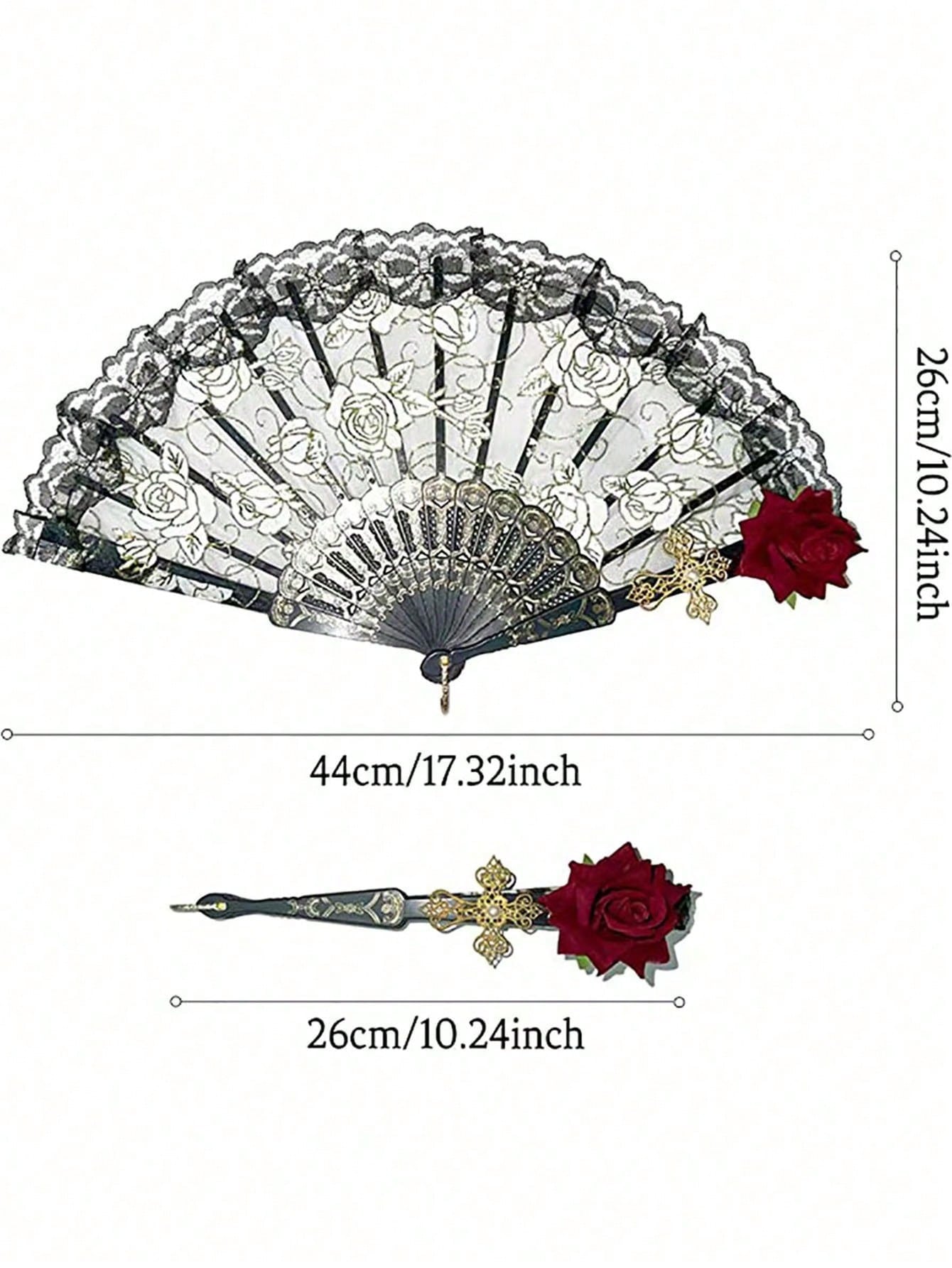 1pc Elegant Vintage Spanish Lace Fan Luxurious European Rose Folding Fan For Cosplay Performance Decoration Valentine's Day