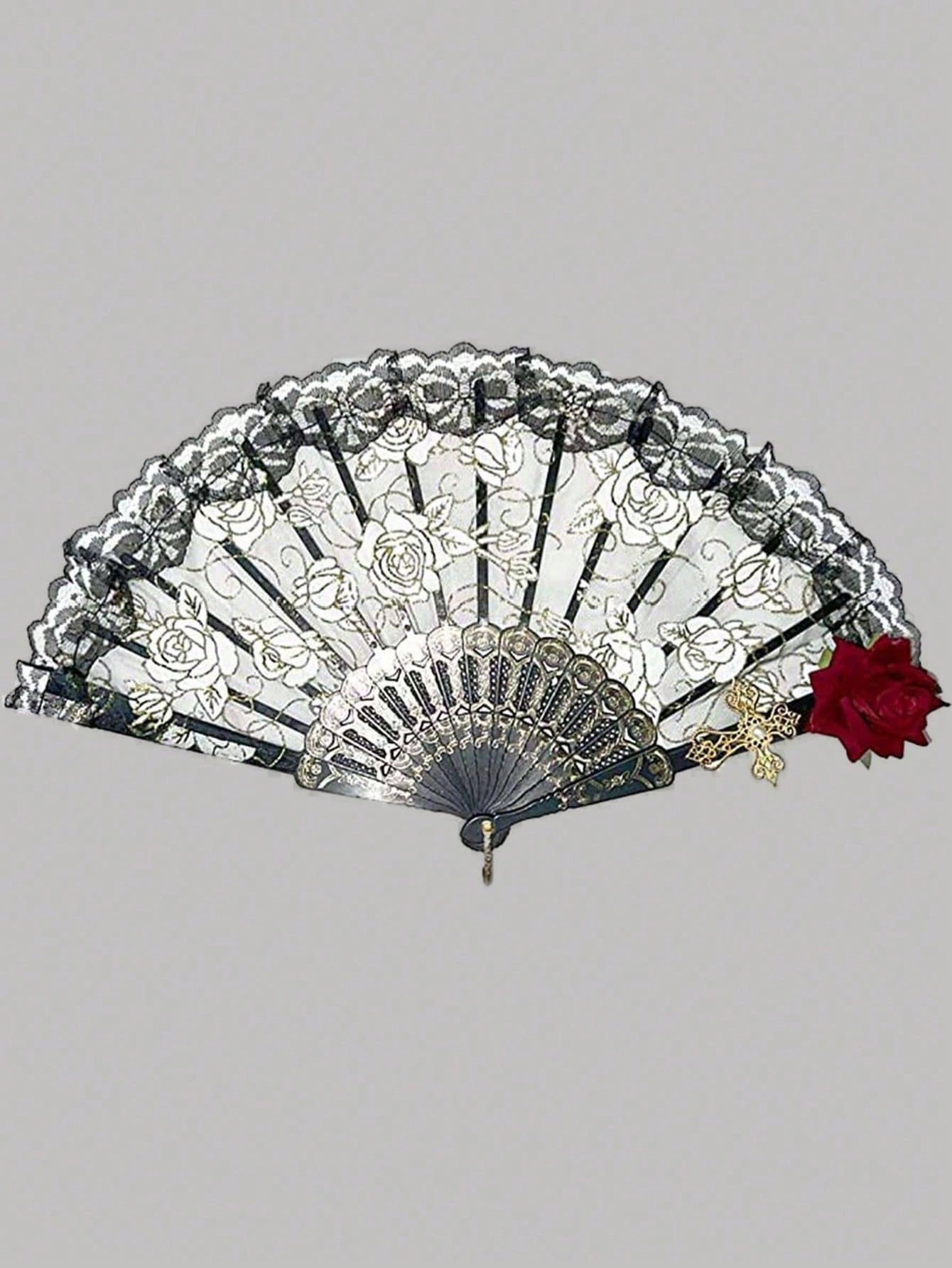 1pc Elegant Vintage Spanish Lace Fan Luxurious European Rose Folding Fan For Cosplay Performance Decoration Valentine's Day