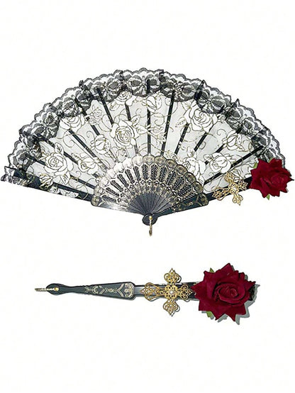 1pc Elegant Vintage Spanish Lace Fan Luxurious European Rose Folding Fan For Cosplay Performance Decoration Valentine's Day