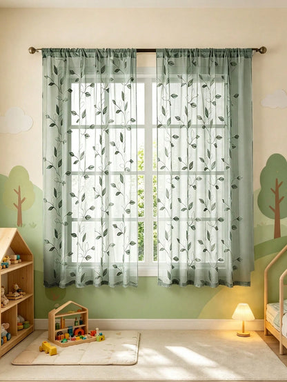1pc Embroidered Leaf Pattern Sheer Curtain, Rod Pocket Floral Curtain, Baby Shower Decoration, Gender Reveal Decoration, Children's Room Decoration