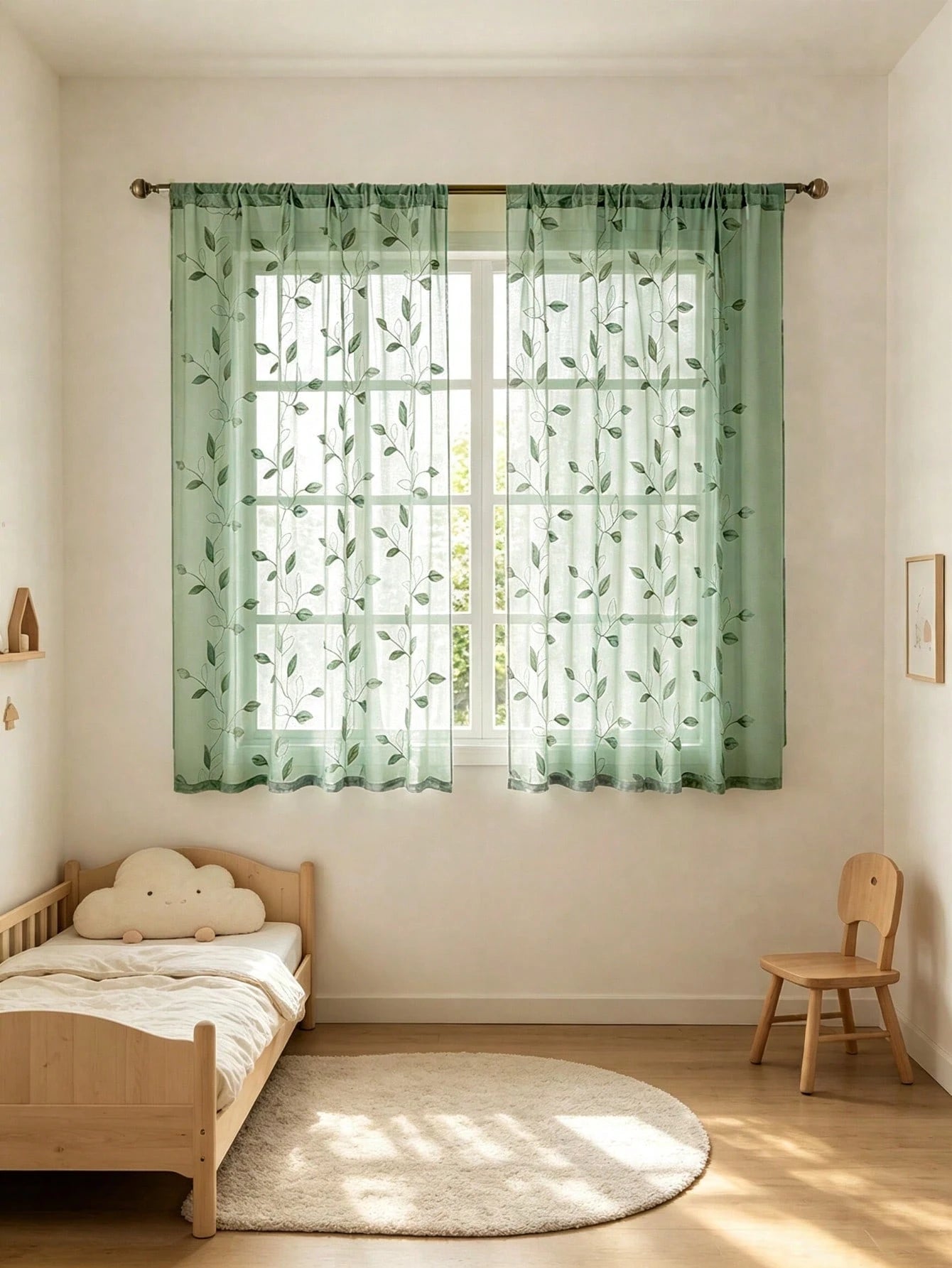 1pc Embroidered Leaf Pattern Sheer Curtain, Rod Pocket Floral Curtain, Baby Shower Decoration, Gender Reveal Decoration, Children's Room Decoration