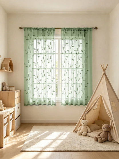 1pc Embroidered Leaf Pattern Sheer Curtain, Rod Pocket Floral Curtain, Baby Shower Decoration, Gender Reveal Decoration, Children's Room Decoration