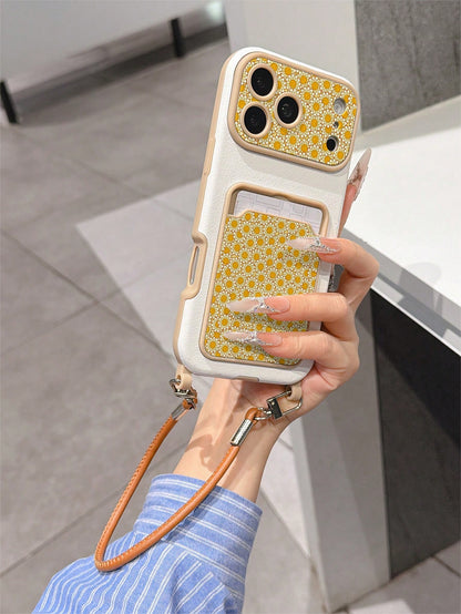 1pc Fashionable Personalized Full-Screen Sunflower Pattern Card Holder Lanyard TPU Material Anti-Drop Protective Phone Case, Suitable As Holiday Gift Compatible With Apple 11/12/13/14/14plus/15/15plus