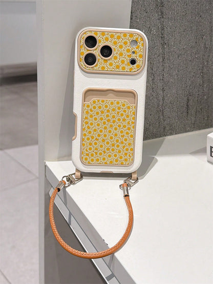1pc Fashionable Personalized Full-Screen Sunflower Pattern Card Holder Lanyard TPU Material Anti-Drop Protective Phone Case, Suitable As Holiday Gift Compatible With Apple 11/12/13/14/14plus/15/15plus