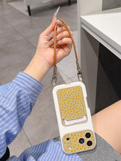 1pc Fashionable Personalized Full-Screen Sunflower Pattern Card Holder Lanyard TPU Material Anti-Drop Protective Phone Case, Suitable As Holiday Gift Compatible With Apple 11/12/13/14/14plus/15/15plus