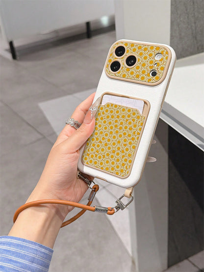1pc Fashionable Personalized Full-Screen Sunflower Pattern Card Holder Lanyard TPU Material Anti-Drop Protective Phone Case, Suitable As Holiday Gift Compatible With Apple 11/12/13/14/14plus/15/15plus