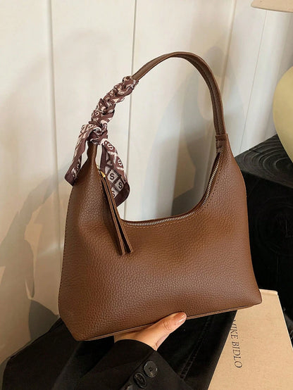 1pc Fashionable Versatile Minimalist Vintage Shoulder Underarm Bag With Silk Scarf, Zipper Closure, Suitable For Daily Shopping And Casual Wear