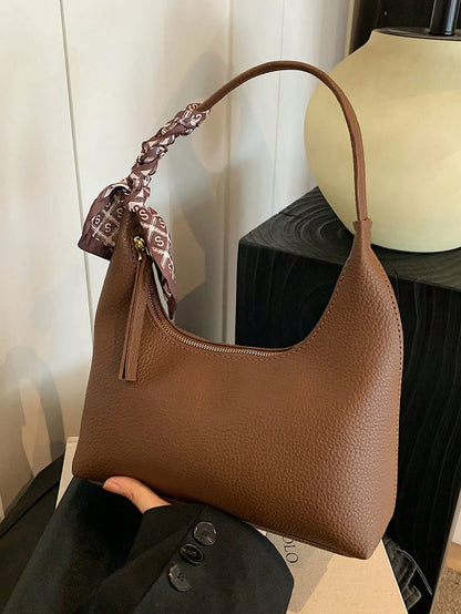 1pc Fashionable Versatile Minimalist Vintage Shoulder Underarm Bag With Silk Scarf, Zipper Closure, Suitable For Daily Shopping And Casual Wear