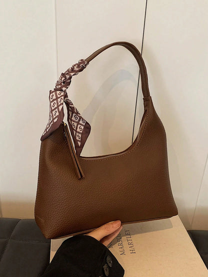1pc Fashionable Versatile Minimalist Vintage Shoulder Underarm Bag With Silk Scarf, Zipper Closure, Suitable For Daily Shopping And Casual Wear