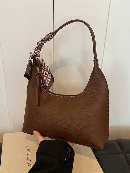 1pc Fashionable Versatile Minimalist Vintage Shoulder Underarm Bag With Silk Scarf, Zipper Closure, Suitable For Daily Shopping And Casual Wear