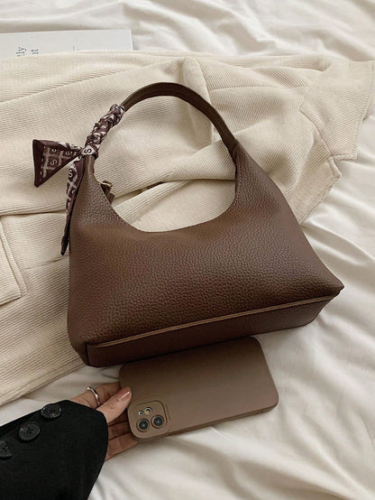 1pc Fashionable Versatile Minimalist Vintage Shoulder Underarm Bag With Silk Scarf, Zipper Closure, Suitable For Daily Shopping And Casual Wear