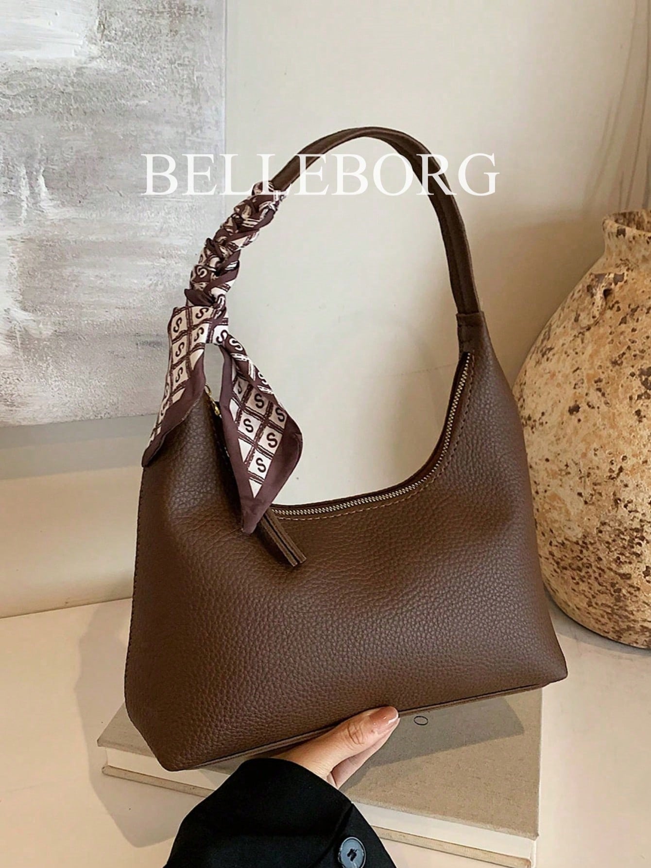 1pc Fashionable Versatile Minimalist Vintage Shoulder Underarm Bag With Silk Scarf, Zipper Closure, Suitable For Daily Shopping And Casual Wear