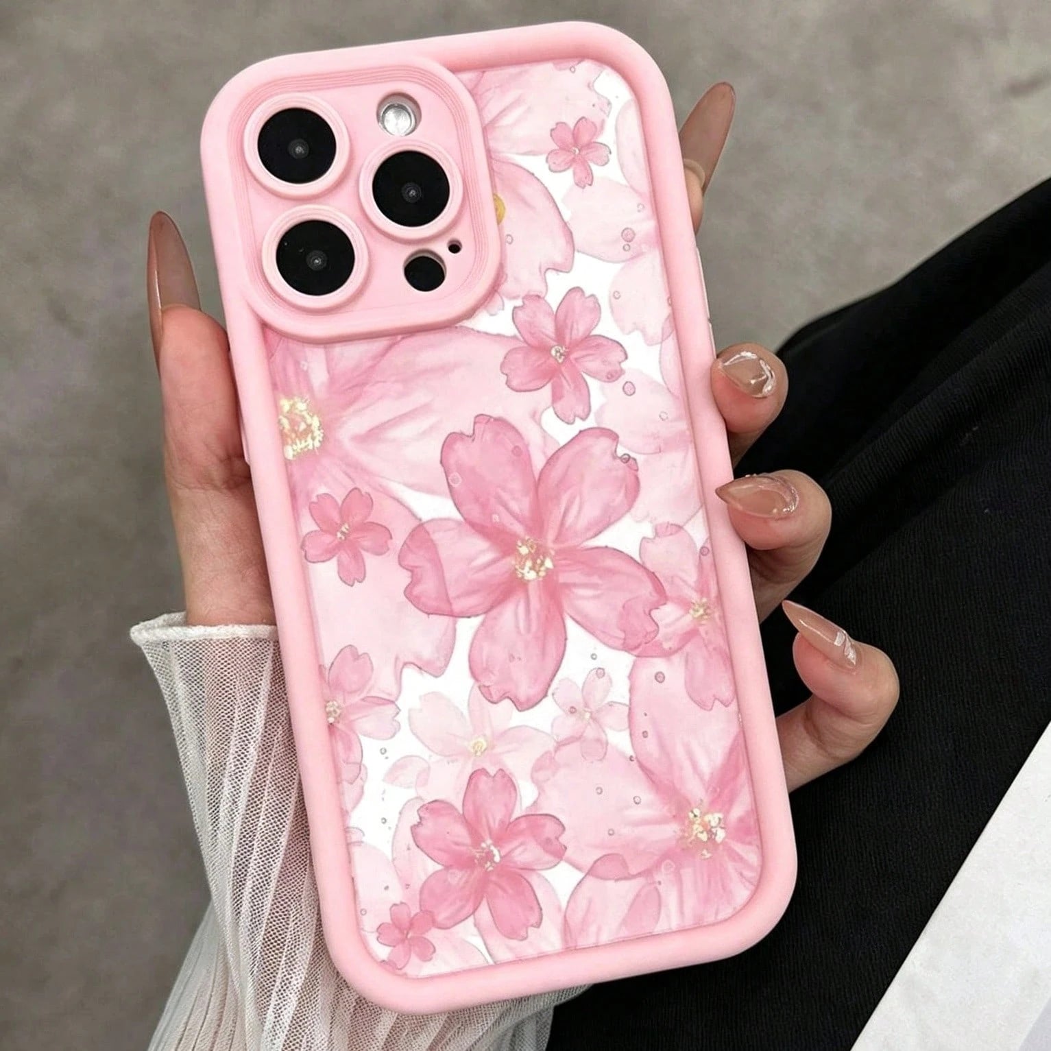 1pc Floral Pattern Grooved Pink Anti-Drop Thickened Minimalist Fashion Women's Soft Shell Protective Phone Case Suitable For IPhone17air/16promax/16pro/16plus/16/15/14/13/12/11/XSM/XS/XR/7/8