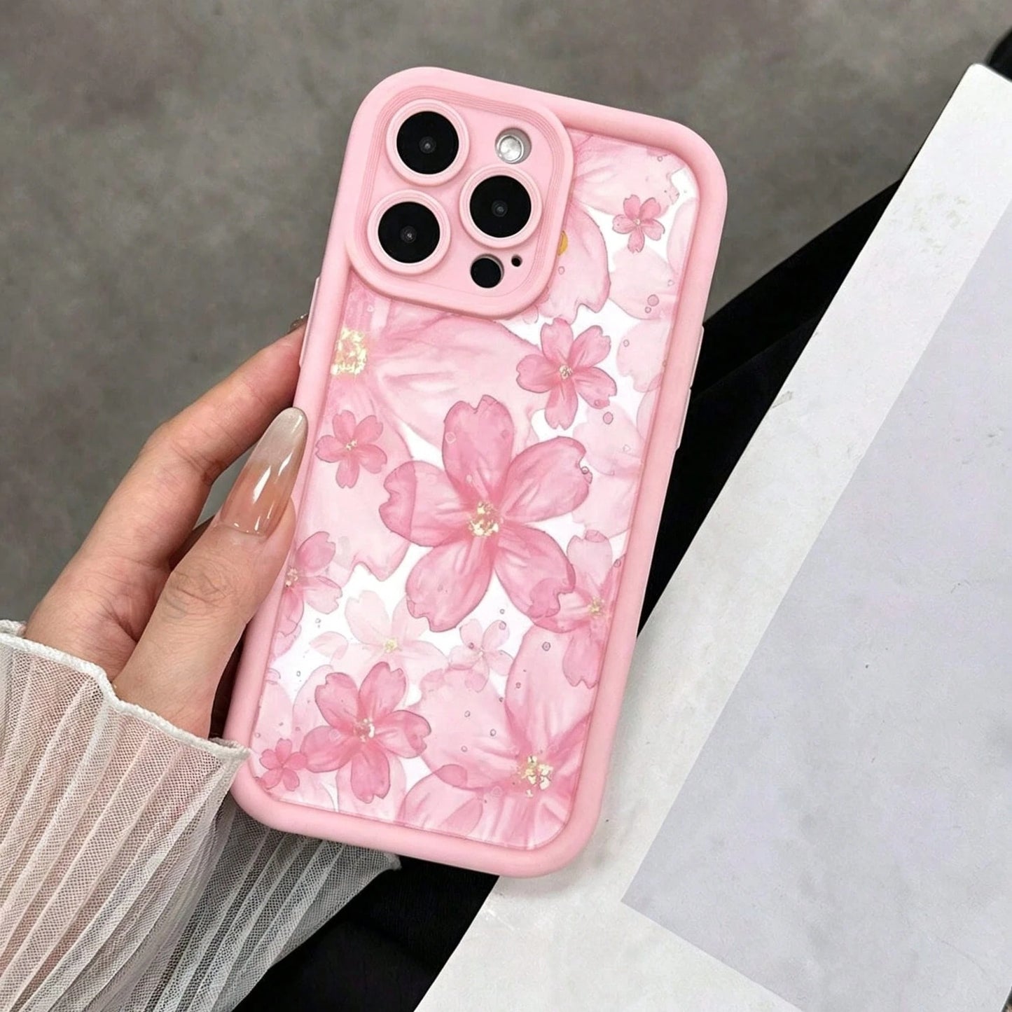 1pc Floral Pattern Grooved Pink Anti-Drop Thickened Minimalist Fashion Women's Soft Shell Protective Phone Case Suitable For IPhone17air/16promax/16pro/16plus/16/15/14/13/12/11/XSM/XS/XR/7/8