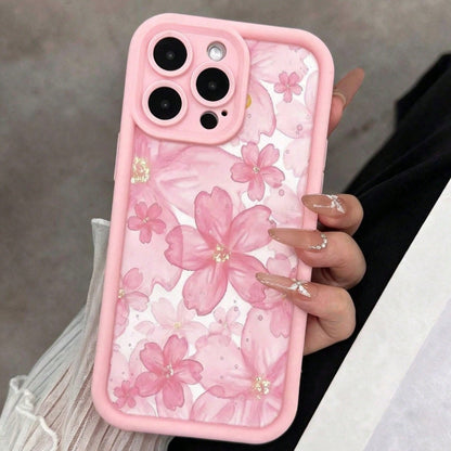 1pc Floral Pattern Grooved Pink Anti-Drop Thickened Minimalist Fashion Women's Soft Shell Protective Phone Case Suitable For IPhone17air/16promax/16pro/16plus/16/15/14/13/12/11/XSM/XS/XR/7/8