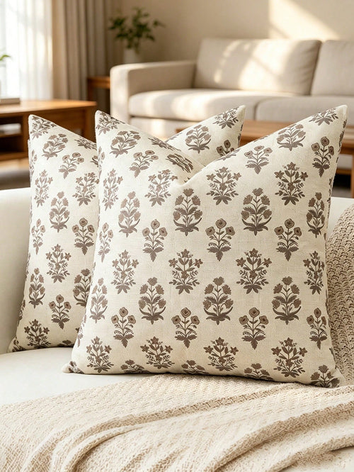 1pc Floral Print Double-Sided Brown Flower Square Pillow Case, Farmhouse Country Style Sofa Cushion Cover, Home Sofa Bed Use, Living Room Decor Pillowcase, Dorm Bedroom Room Decoration
