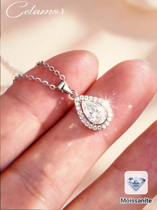 1pc French Elegant Pear-Shaped Halo S925 Silver Inlaid 1.132ct Moissanite Teardrop Pendant Necklace For Women, High-Quality Luxury Style, Suitable For Valentine's Day, Birthday Surprise Gift, Wedding