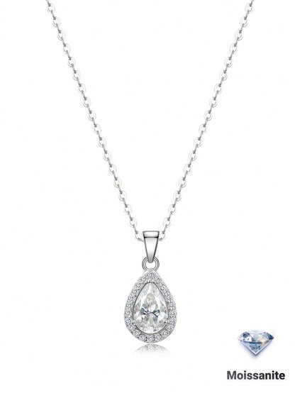1pc French Elegant Pear-Shaped Halo S925 Silver Inlaid 1.132ct Moissanite Teardrop Pendant Necklace For Women, High-Quality Luxury Style, Suitable For Valentine's Day, Birthday Surprise Gift, Wedding
