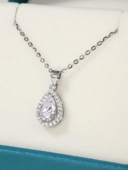 1pc French Elegant Pear-Shaped Halo S925 Silver Inlaid 1.132ct Moissanite Teardrop Pendant Necklace For Women, High-Quality Luxury Style, Suitable For Valentine's Day, Birthday Surprise Gift, Wedding