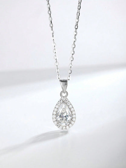 1pc French Elegant Pear-Shaped Halo S925 Silver Inlaid 1.132ct Moissanite Teardrop Pendant Necklace For Women, High-Quality Luxury Style, Suitable For Valentine's Day, Birthday Surprise Gift, Wedding