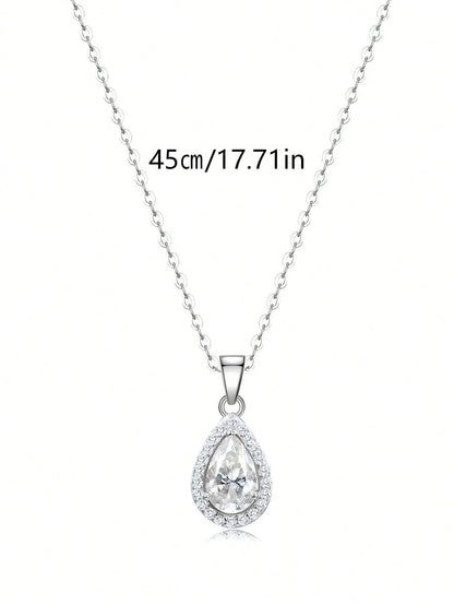 1pc French Elegant Pear-Shaped Halo S925 Silver Inlaid 1.132ct Moissanite Teardrop Pendant Necklace For Women, High-Quality Luxury Style, Suitable For Valentine's Day, Birthday Surprise Gift, Wedding