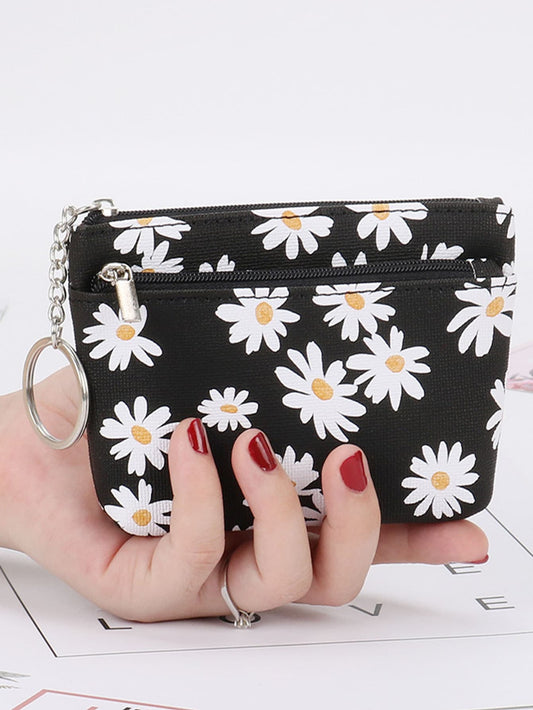1pc Fresh Daisy Floral Print Zipper Women Card Holder Keychain For Women Wallet Mini Wallet Purse Wallet Coin Wallet,Pouch Bag