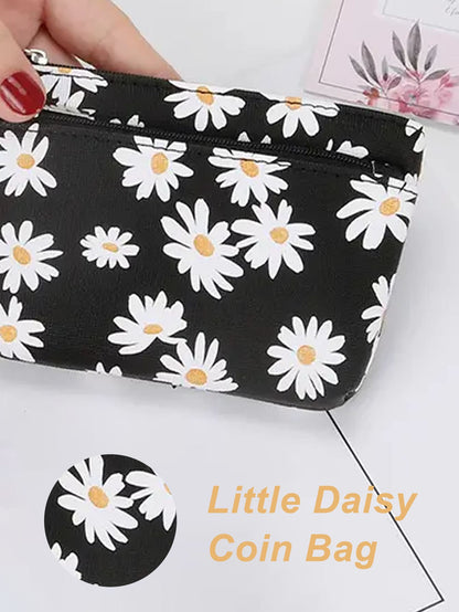 1pc Fresh Daisy Floral Print Zipper Women Card Holder Keychain For Women Wallet Mini Wallet Purse Wallet Coin Wallet,Pouch Bag