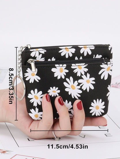 1pc Fresh Daisy Floral Print Zipper Women Card Holder Keychain For Women Wallet Mini Wallet Purse Wallet Coin Wallet,Pouch Bag