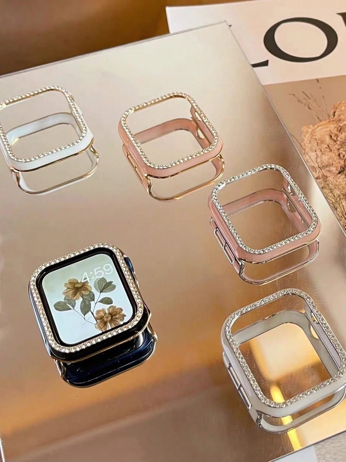 1pc Glitter Rhinestone Hollow Protective Case With Laser Engraved Bumper, Shockproof For Apple Watch 40/41/42/44/45/46/49mm, Suitable For Apple Watch Series Ultra/SE/11/10/9/8/7/6/5/4, Smartwatch Case
